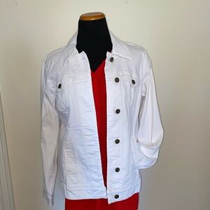 Coldwater Creek White Denim Jacket with Aztec Embroidery Statement Back